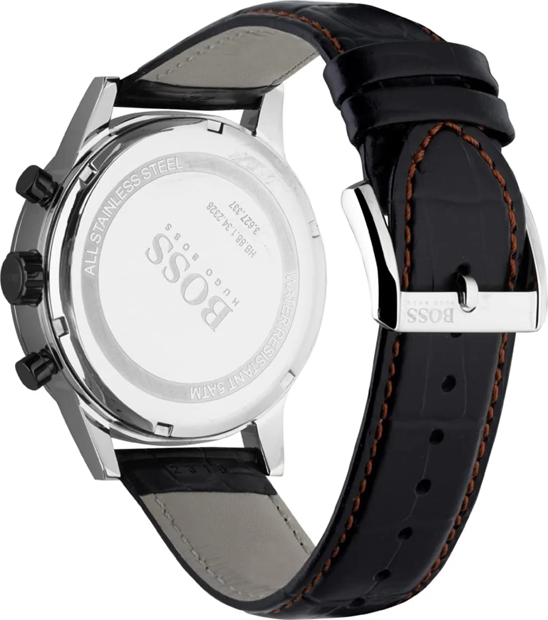 Cadran Hugo Boss 1512631 avec index bâtons argentés, aiguilles dauphine, date à 3h et logo Hugo Boss