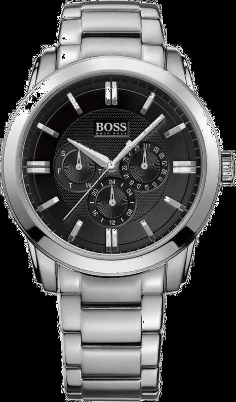 Montre Hugo Boss 1512893 en acier brossé, cadran noir avec index argentés et trois compteurs noirs