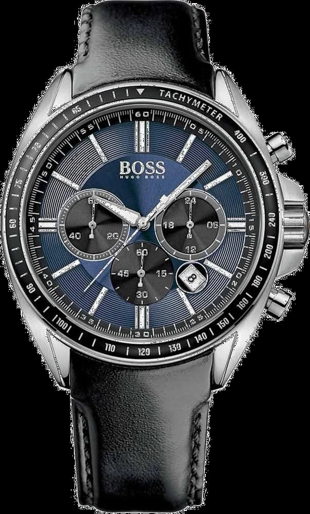 Montre Hugo Boss 1513077 au cadran noir avec index bâtons et aiguilles argentées, style sport chic