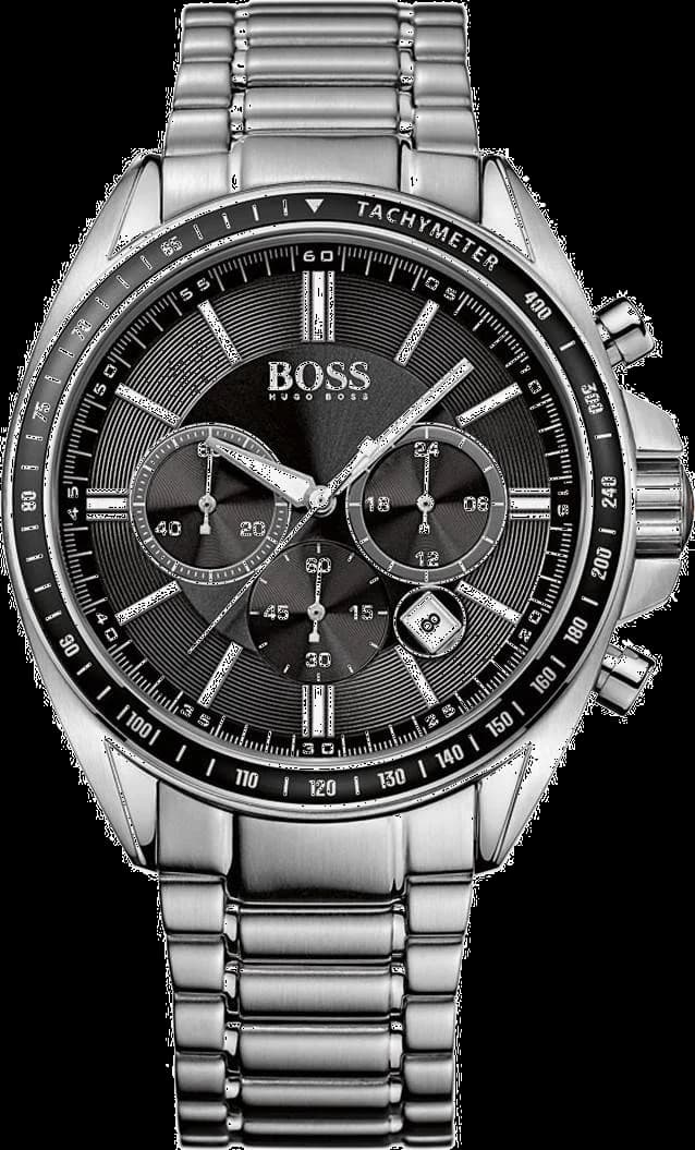 Montre Hugo Boss 1513080 au cadran noir élégant sur fond argenté, style sobre et raffiné