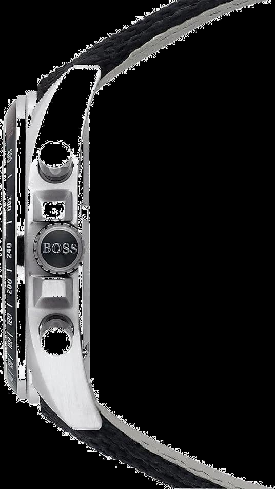 Cadran Hugo Boss 1513087 noir soleillé, index appliqués et aiguilles argentées, compteurs à 6h, 9h et 12h, date à 4h30