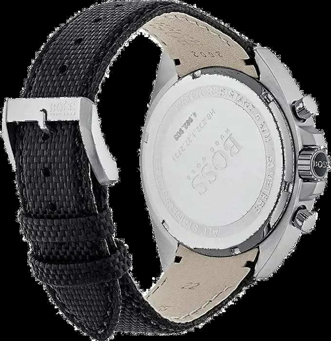 Bracelet Hugo Boss 1513087 cuir noir avec coutures contrastées, boucle déployante en acier, texture grainée