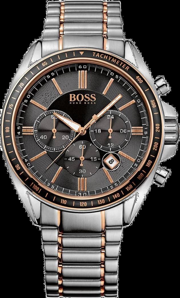 Montre Hugo Boss 1513094 avec cadran noir et détails or rose, style élégant et moderne