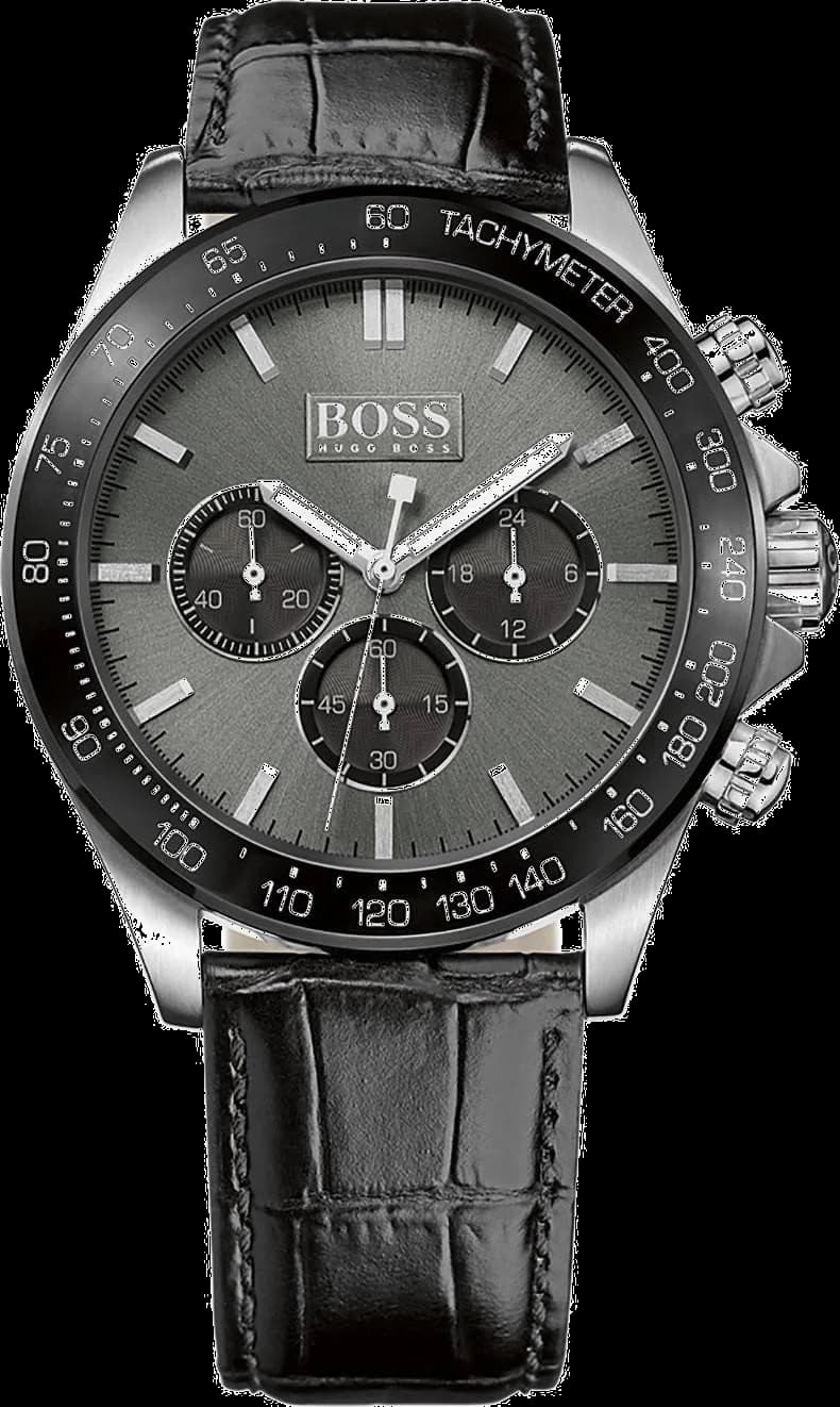 Montre Hugo Boss 1513177 en cuir noir façon crocodile, cadran argenté avec compteurs noirs et aiguilles luminescentes