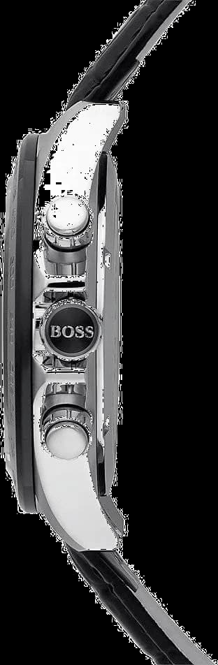Cadran Hugo Boss 1513177 argenté soleillé avec trois compteurs, guichet date à 4h30 et index appliqués bâtons