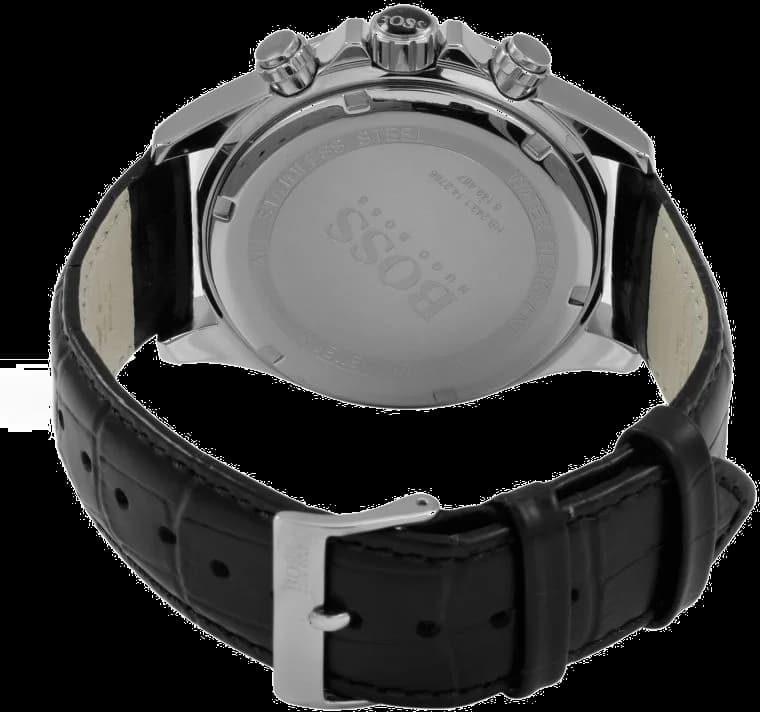 Bracelet Hugo Boss 1513178 en cuir noir motif crocodile, coutures contrastées, boucle ardillon signée, confort et style
