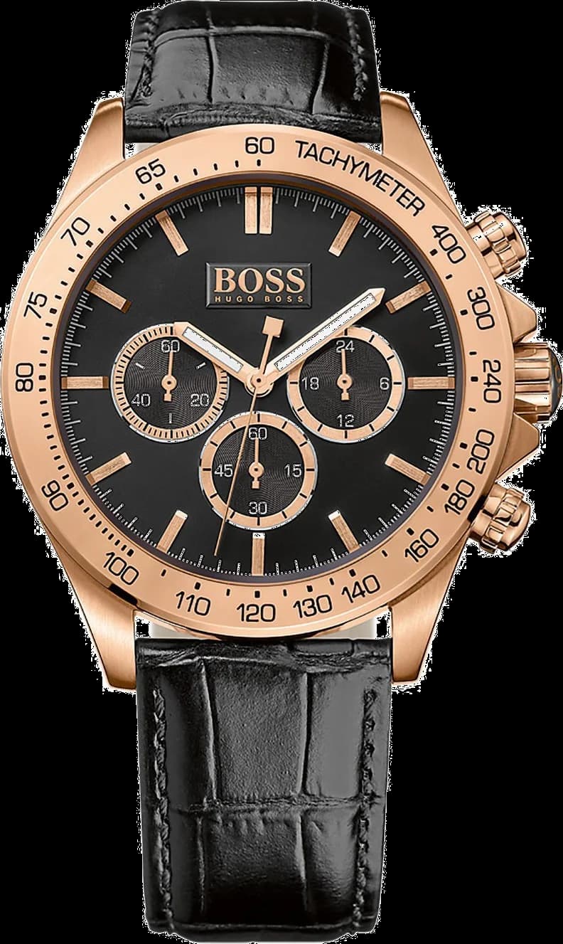 Montre Hugo Boss 1513179 avec cadran noir soleillé, aiguilles argentées et index appliqués, style élégant et sportif