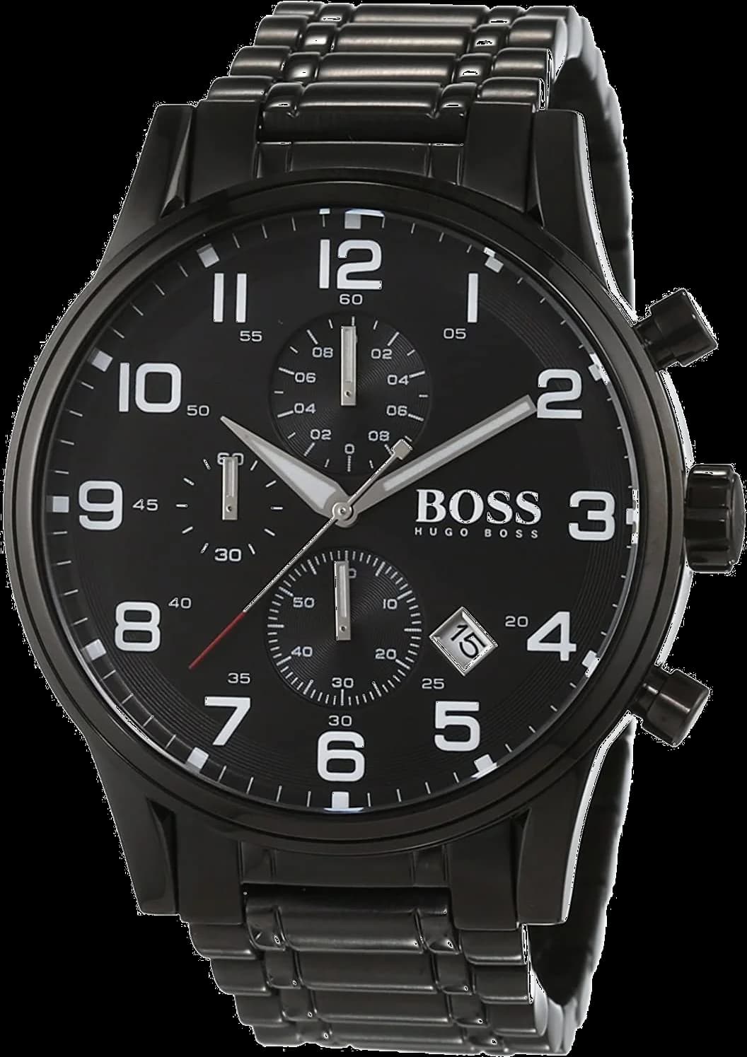 Montre Hugo Boss 1513180 avec cadran noir, aiguilles et index argentés, style chronographe sport-élégant