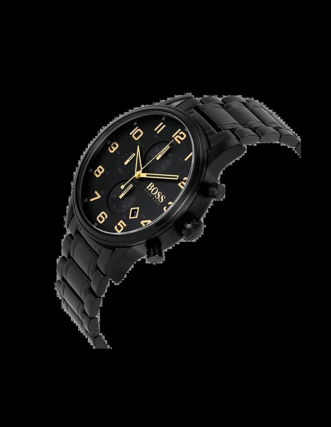 Cadran Hugo Boss 1513275 affiche un cadran noir avec trois compteurs, aiguilles luminescentes et date à 4h30