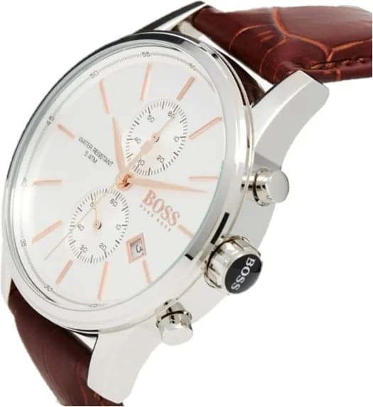 Cadran Hugo Boss 1513280 avec index appliqués et aiguilles dauphine, date à 3h sur fond gris texturé