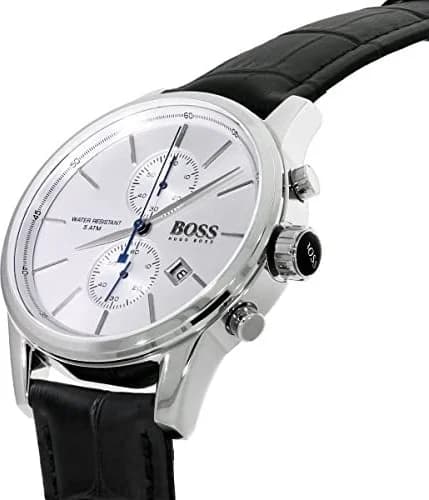 Cadran Hugo Boss 1513282 argenté avec index bâtons et aiguilles noires, date à 3h, design minimaliste et lisible