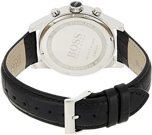 Bracelet Hugo Boss 1513282 en cuir noir cousu main, boucle ardillon en acier, texture lisse et souple pour un confort optimal