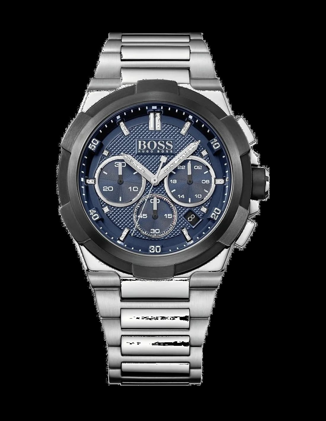 Montre Hugo Boss 1513360 avec cadran bleu soleillé, aiguilles et index argentés, chronographe sport chic