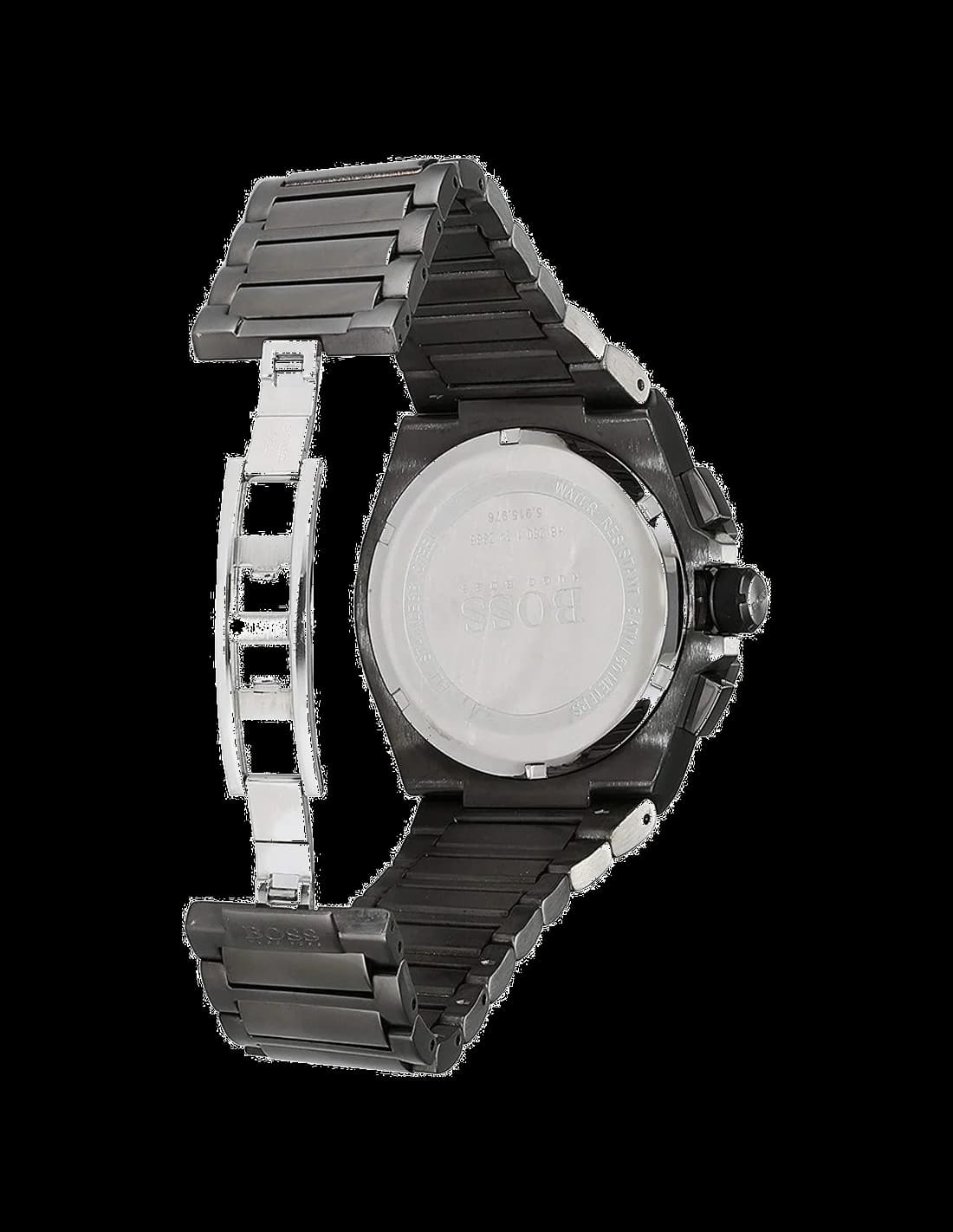 Cadran Hugo Boss 1513361 au cadran gris anthracite avec index bâtons appliqués, aiguilles rouges et date à 3h