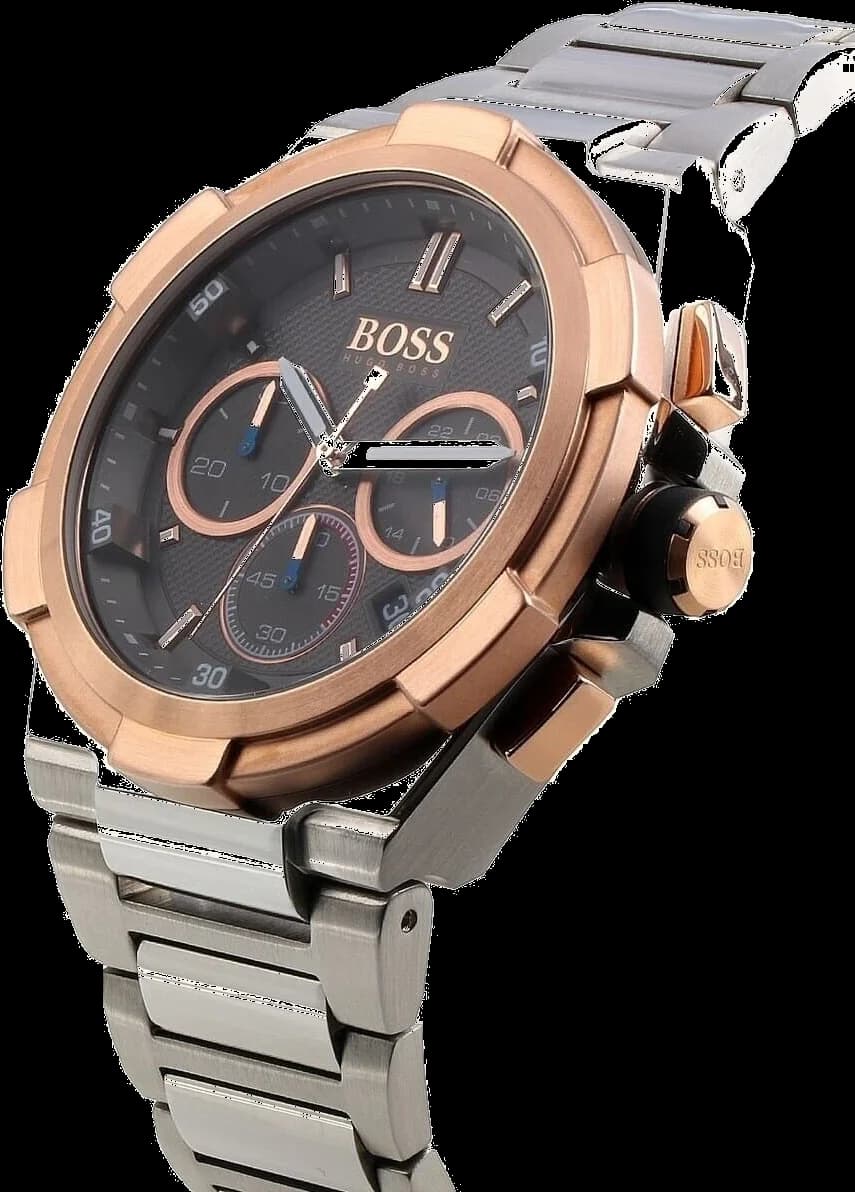 Cadran Hugo Boss 1513362 avec finition brossée anthracite, aiguilles argentées et index bâtons, date à 3h pour une lisibilité optimale