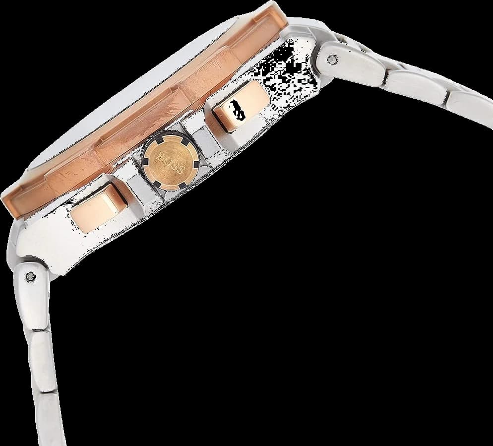 Boîtier Hugo Boss 1513362 en acier brossé de 42 mm, lunette fine et lisse, couronne gravée, profil sport-chic aux lignes épurées