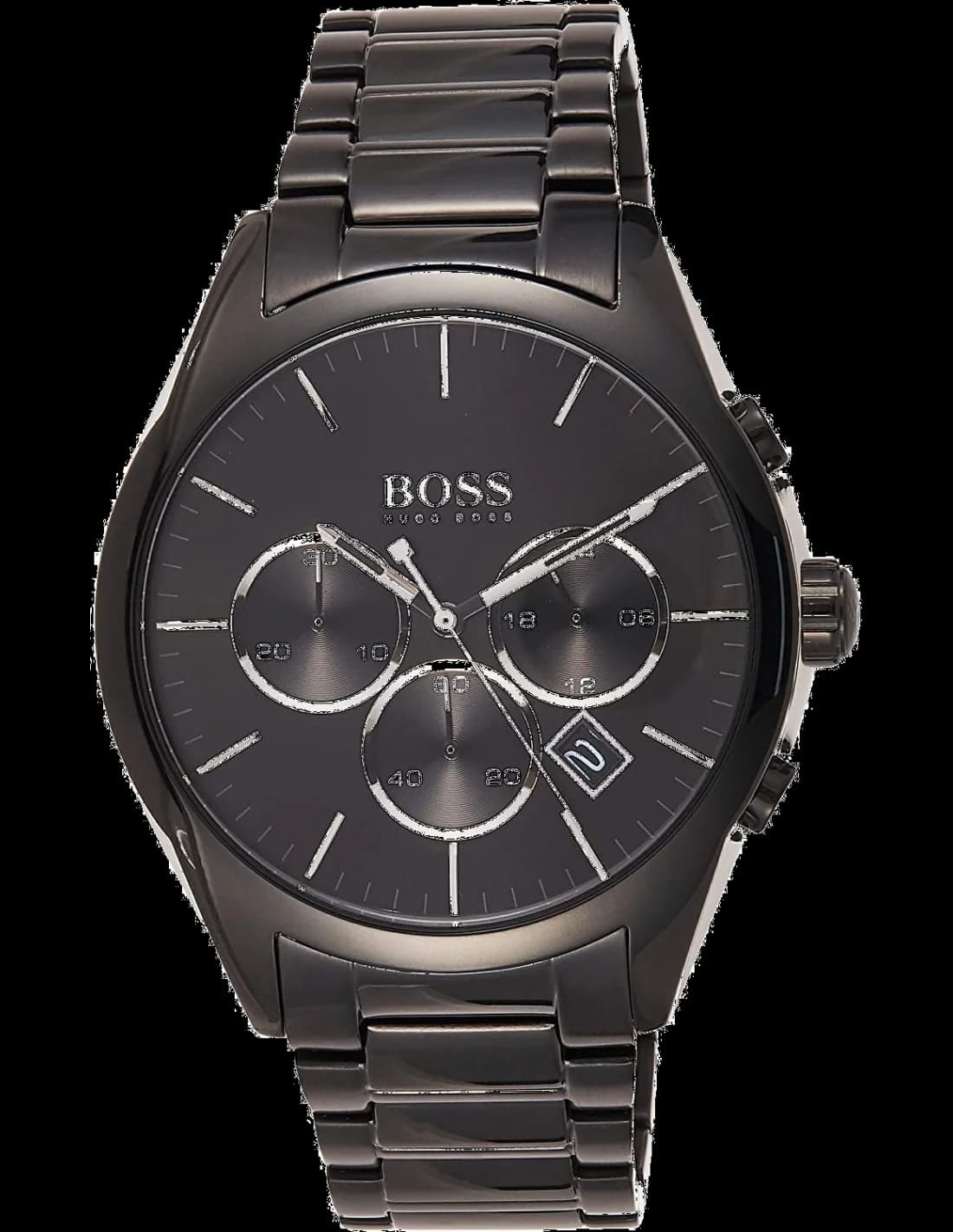 Montre Hugo Boss 1513365 au cadran noir soleillé avec index appliqués et aiguilles argentées, style élégant et sportif