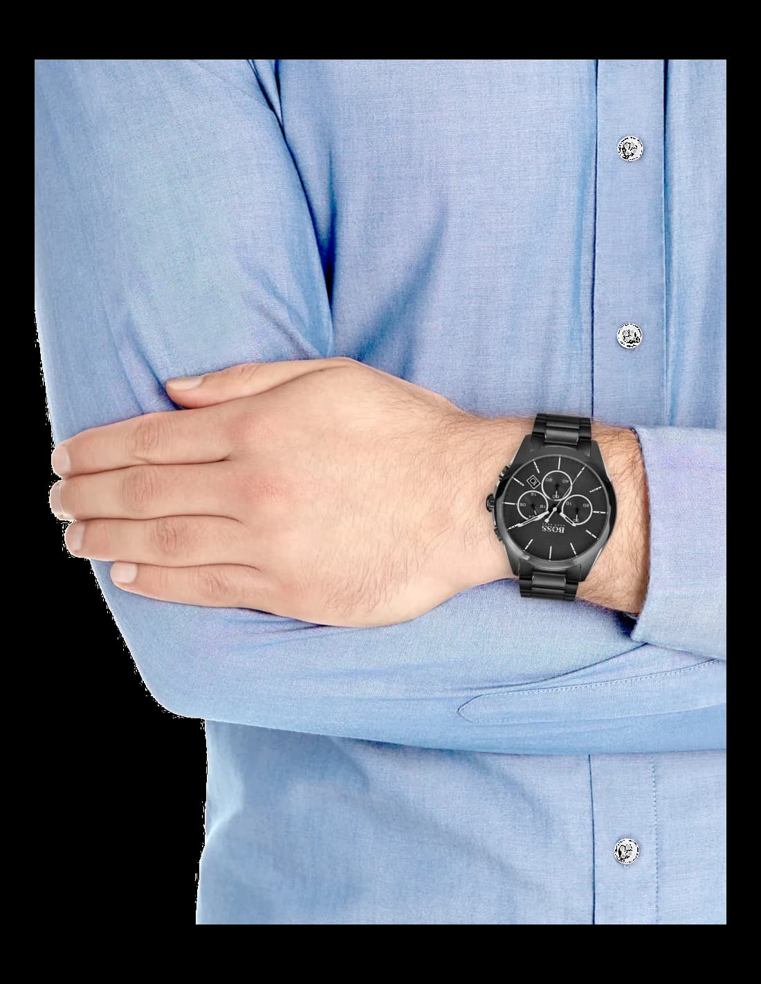 Boîtier Hugo Boss 1513365 en acier noir traité PVD, lunette fixe et poussoirs chrono, vue de profil dynamique