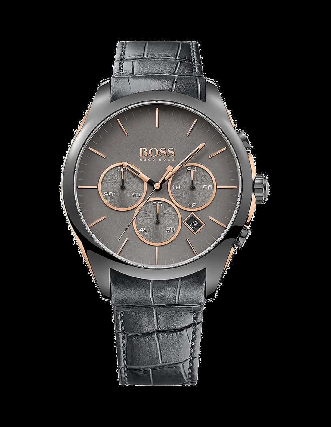 Montre Hugo Boss 1513366 au cadran gris soleillé, index dorés, totaliseurs chronographe et trotteuse rouge