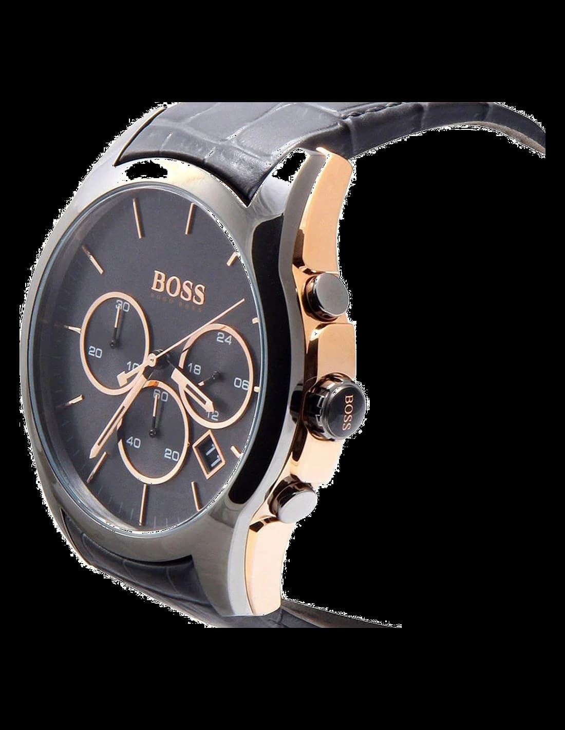 Cadran Hugo Boss 1513366 gris soleillé avec index appliqués dorés, guichet date à 4h30 et aiguilles squelettes