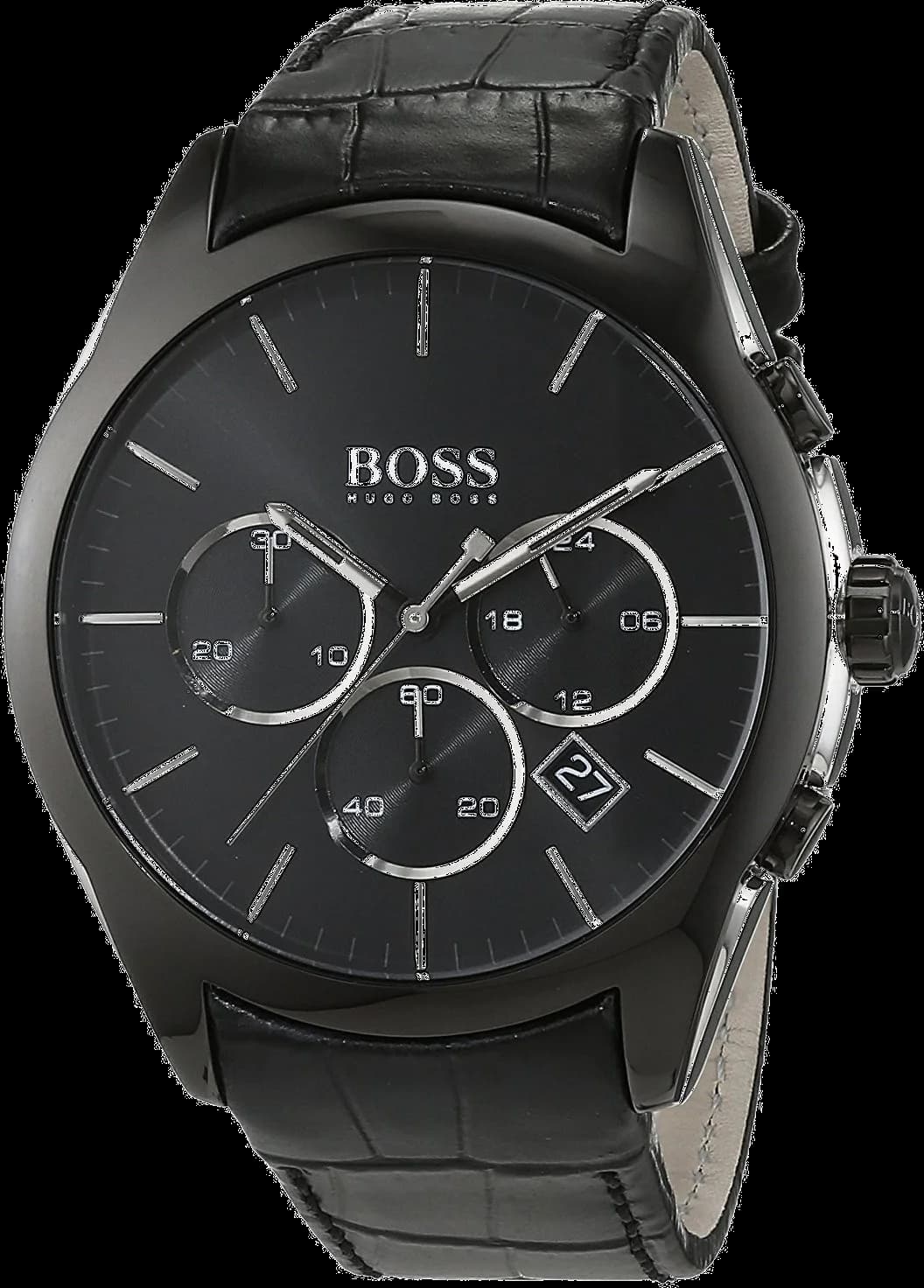 Montre Hugo Boss 1513367 au cadran noir soleil, index appliqués et aiguilles argentées, style sobre et élégant