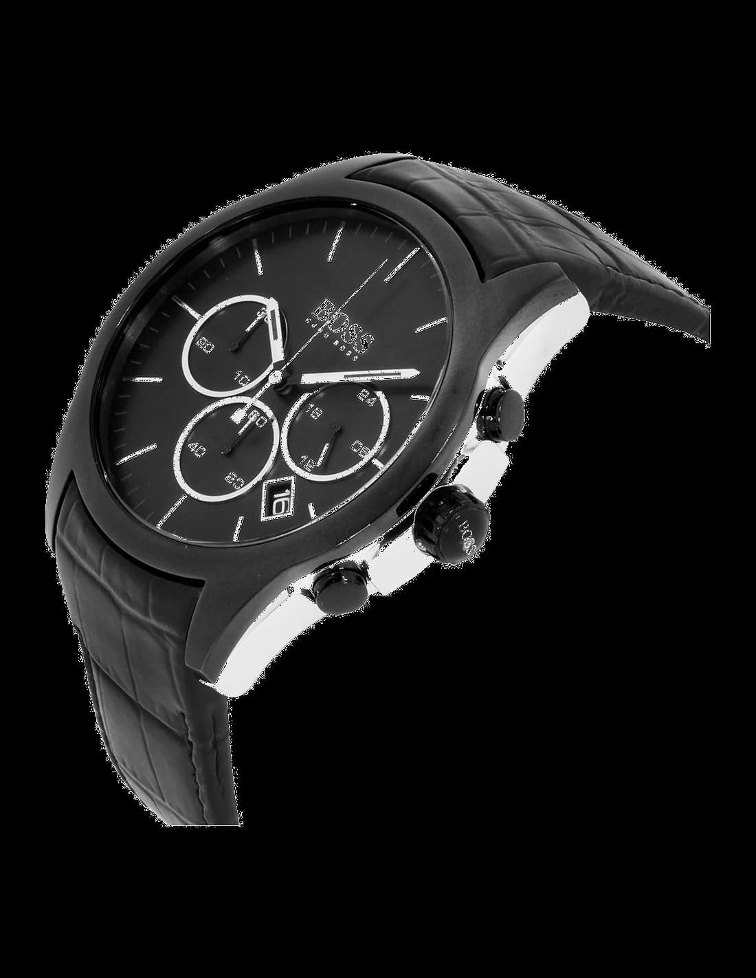 Cadran Hugo Boss 1513367 avec compteurs chronographe, guichet date à 4h30, index bâtons et chiffres romains, lisibilité optimale