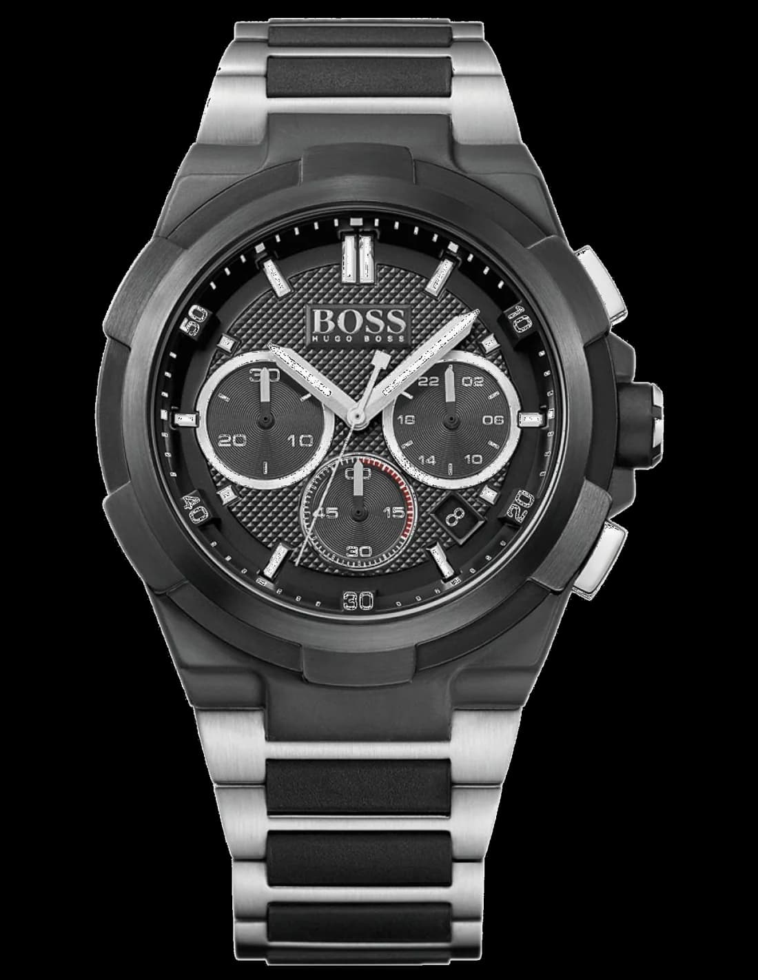 Montre Hugo Boss 1513368 avec cadran noir soleillé et aiguilles argentées sur fond épuré