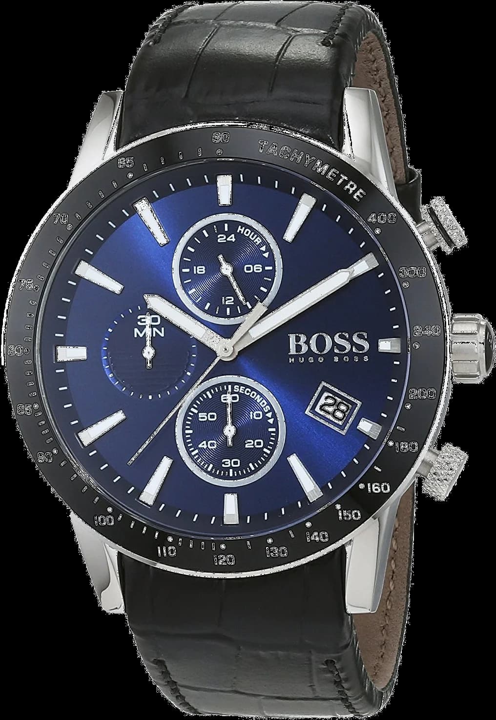 Montre Hugo Boss 1513391 avec cadran bleu profond et index argentés sur fond soleil, style sport chic