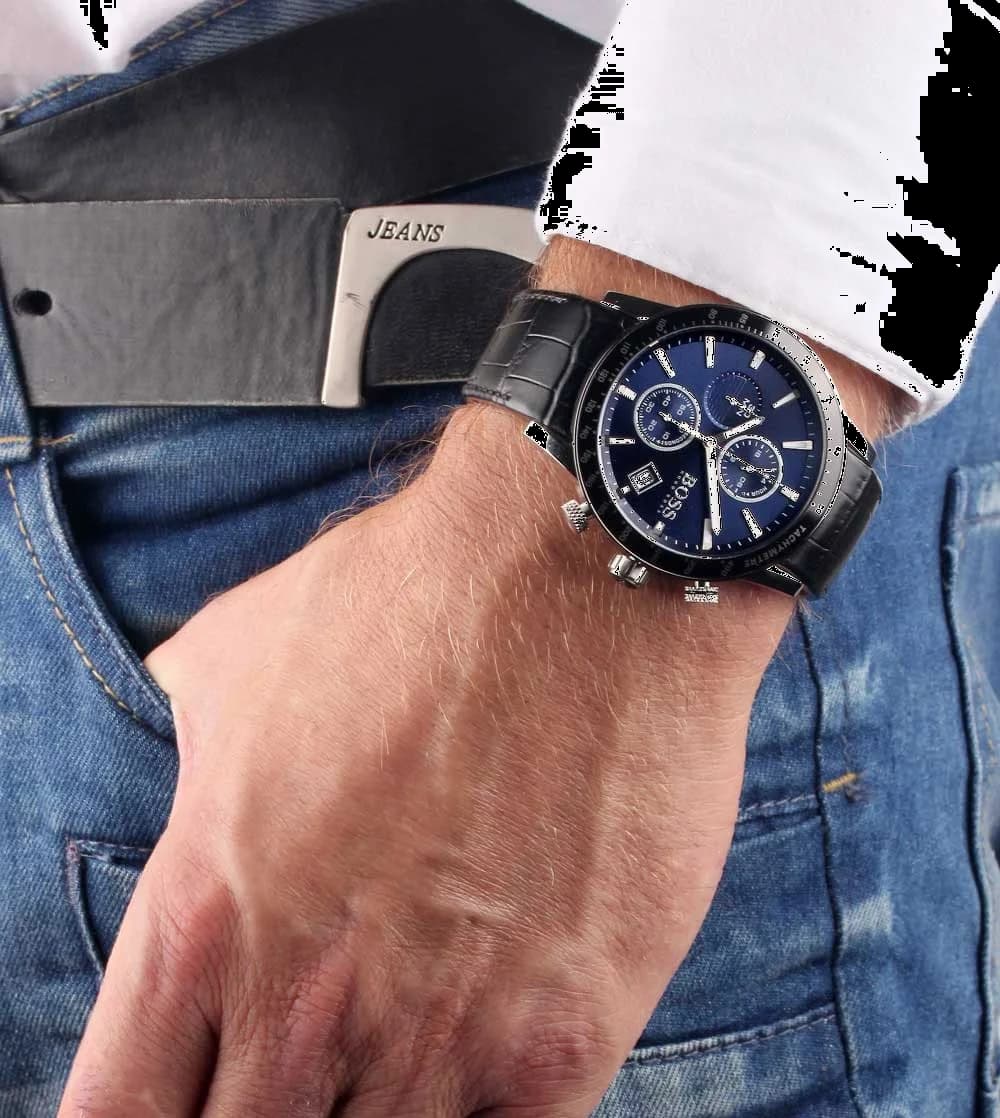 Cadran Hugo Boss 1513391 affichant compteurs chronographe, date à 4h30 et aiguilles luminescentes