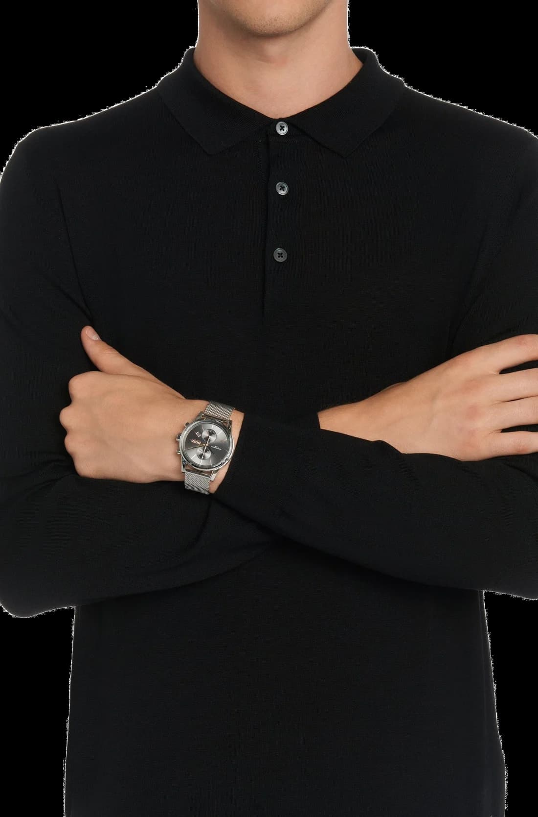 Boîtier Hugo Boss 1513440 rond en acier brossé, lunette fine, verre saphir, profil élégant