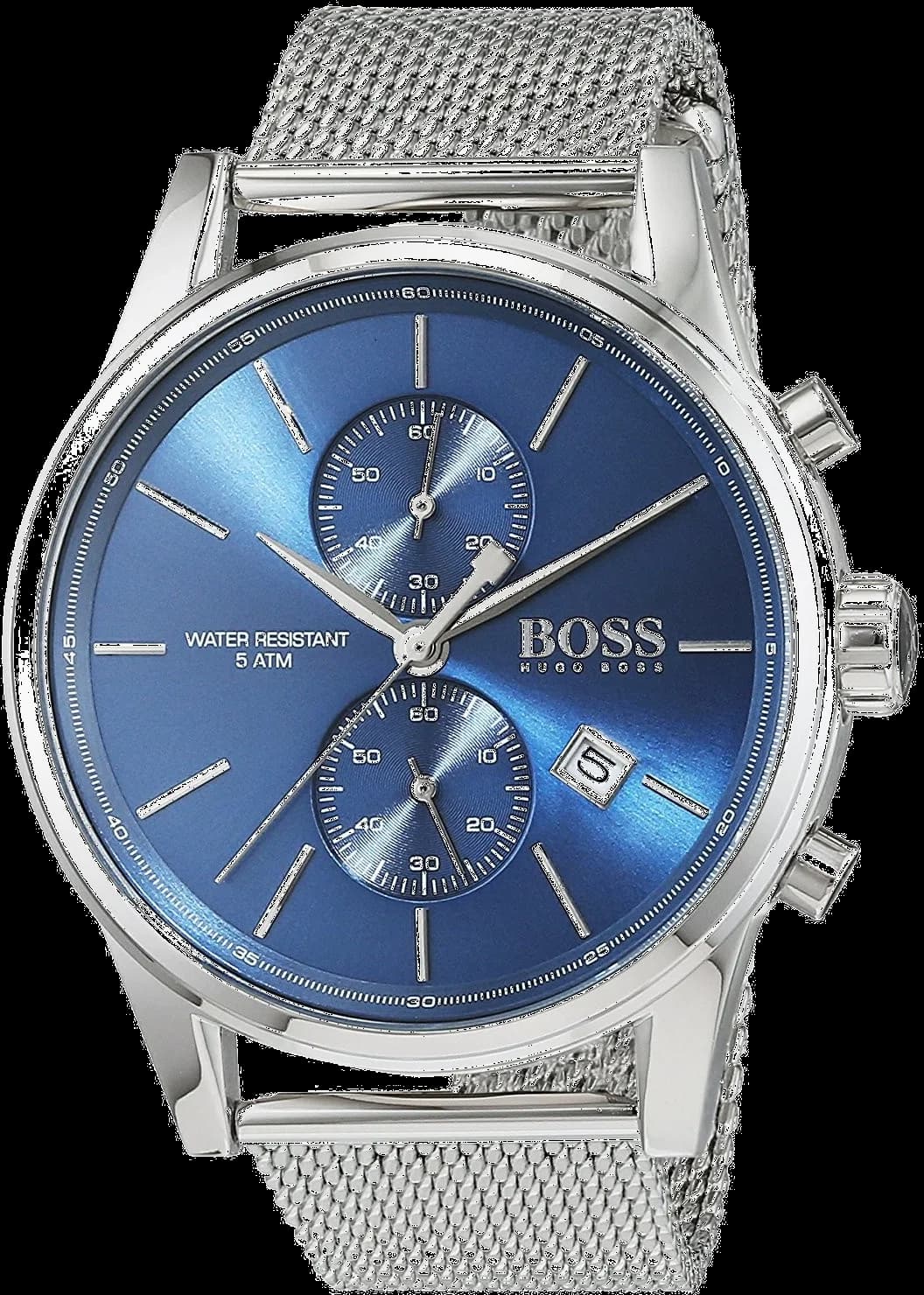 Montre Hugo Boss 1513441 au cadran bleu soleil avec aiguilles et index argentés sur fond bleu profond