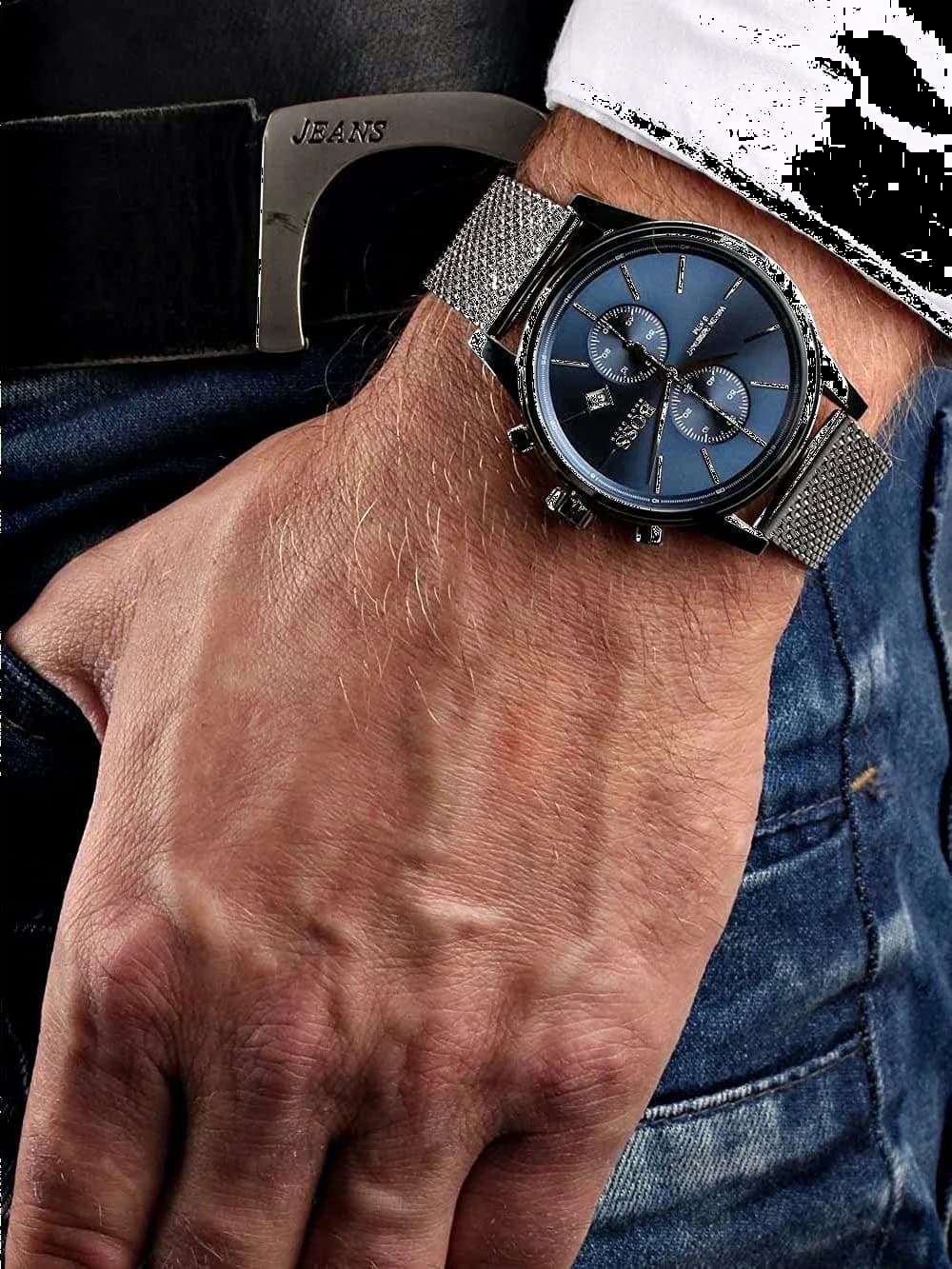 Bracelet Hugo Boss 1513441 en maille milanaise acier inoxydable avec fermoir déployant, finition satinée