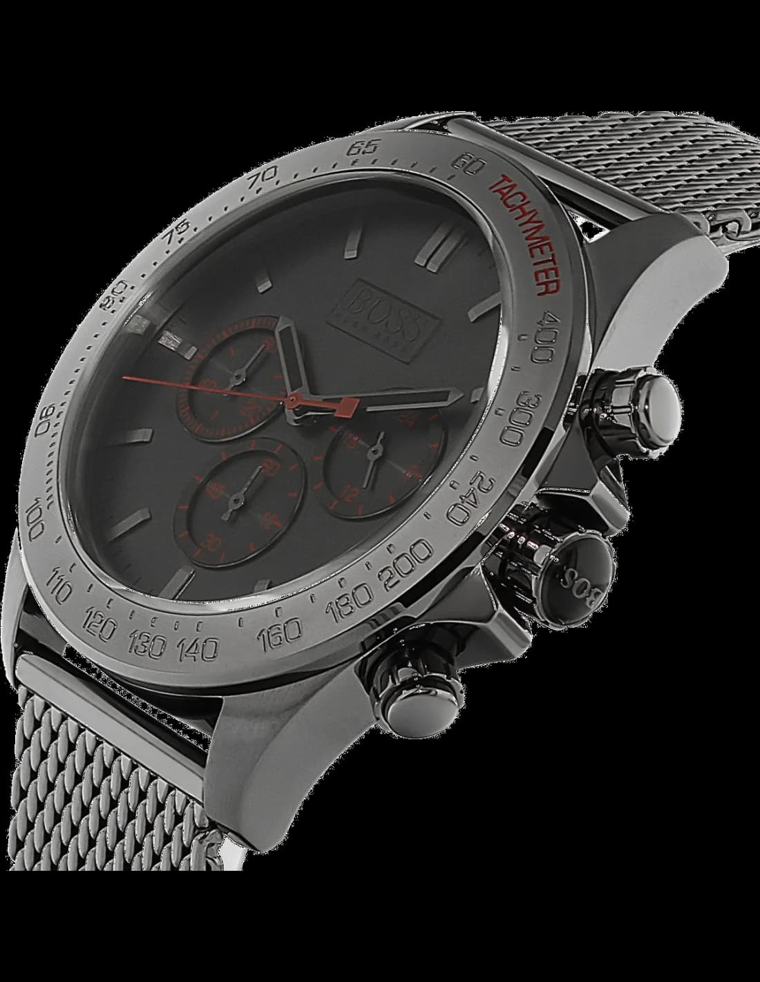Cadran Hugo Boss 1513443 gris soleillé, index bâton appliqués et aiguilles facettées, date à 3h, design épuré