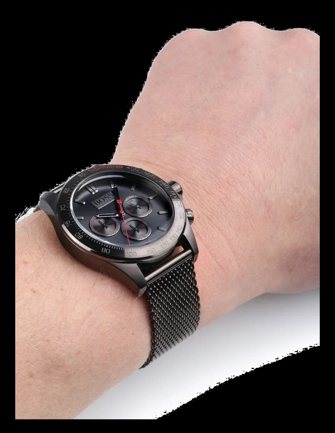 Bracelet Hugo Boss 1513443 en maille milanaise acier gris, fermoir déployant, finition satinée, confortable et ajustable
