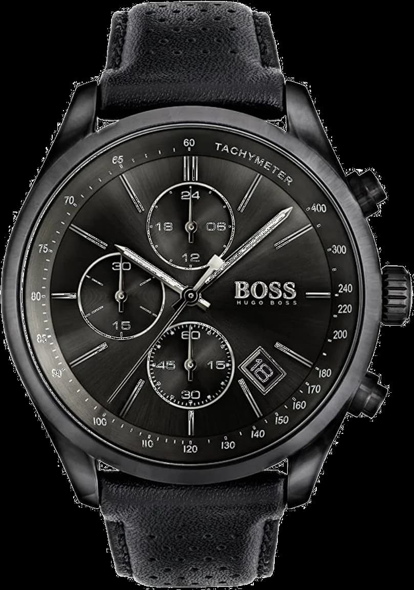Montre Hugo Boss 1513474 avec cadran noir, index et aiguilles argentés, style classique et sportif