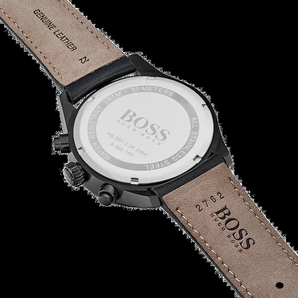 Bracelet Hugo Boss 1513474 en cuir noir surpiqué, coutures contrastées, boucle ardillon en acier