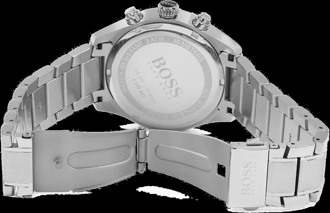Boîtier Hugo Boss 1513477 en acier inoxydable noir brossé, lunette fixe et verre saphir pour une robustesse élégante
