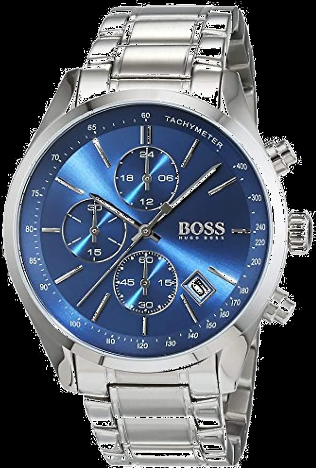Montre Hugo Boss 1513478 avec cadran bleu soleil, aiguilles argentées et index bâtons, style élégant et sportif