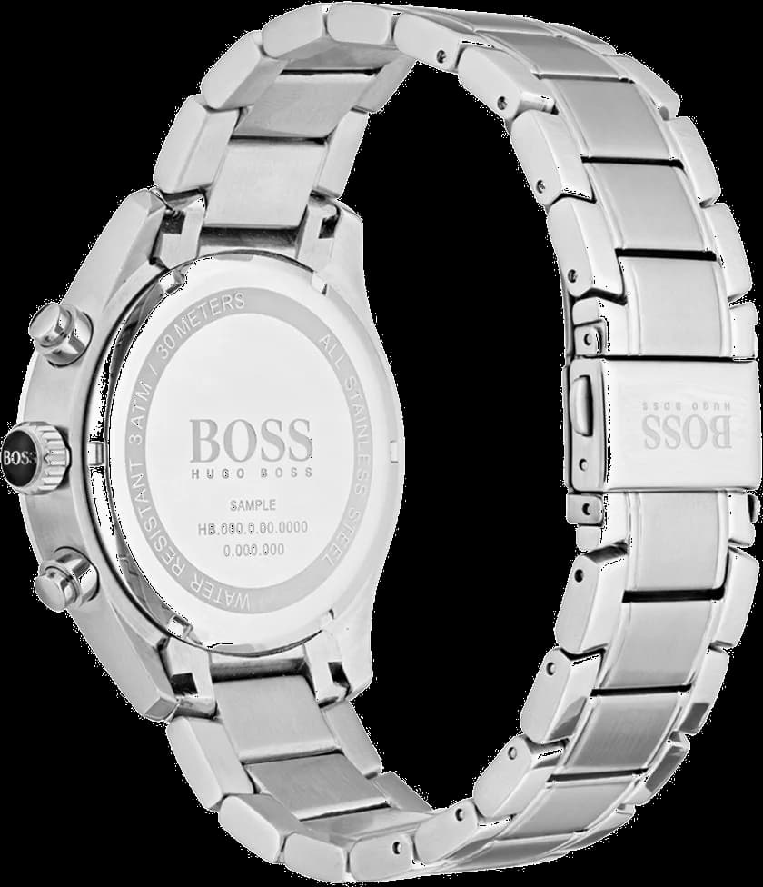 Cadran Hugo Boss 1513478 au cadran bleu texturé, compteurs chronographe, guichet date à 4h30, aiguilles luminescentes