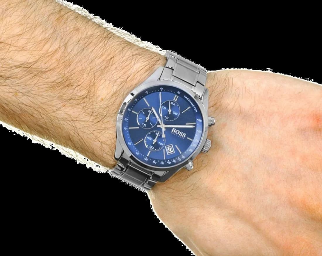 Boîtier Hugo Boss 1513478 en acier inoxydable, lunette fixe lisse, verre saphir, couronne et poussoirs vissés, profil épais
