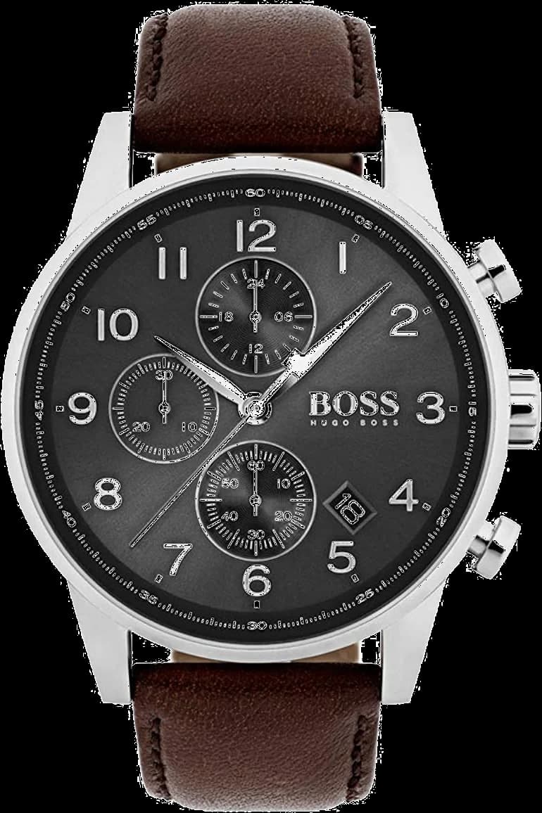 Montre Hugo Boss 1513494 avec cadran noir soleillé, aiguilles argentées et index bâtons, style sport-élégant