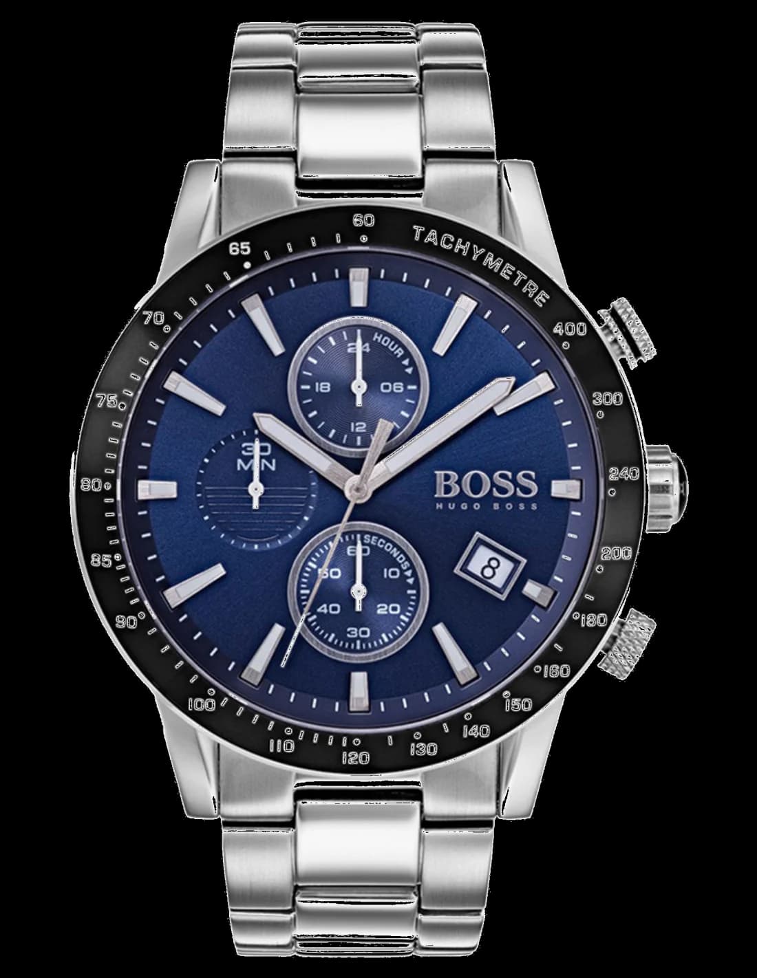 Montre Hugo Boss 1513510 au cadran noir avec compteurs chronographe et aiguilles luminescentes, style sport chic
