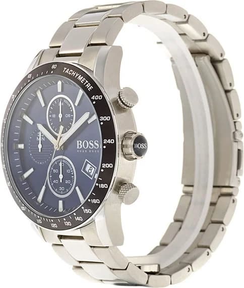 Cadran Hugo Boss 1513510 noir avec index appliqués, aiguilles argentées et guichet date à 4h30, design sobre