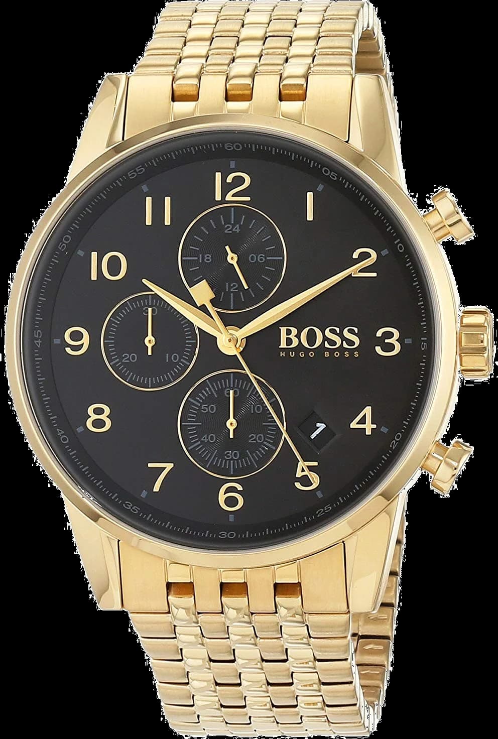 Montre Hugo Boss 1513531 avec cadran noir et index dorés, style élégant et sportif