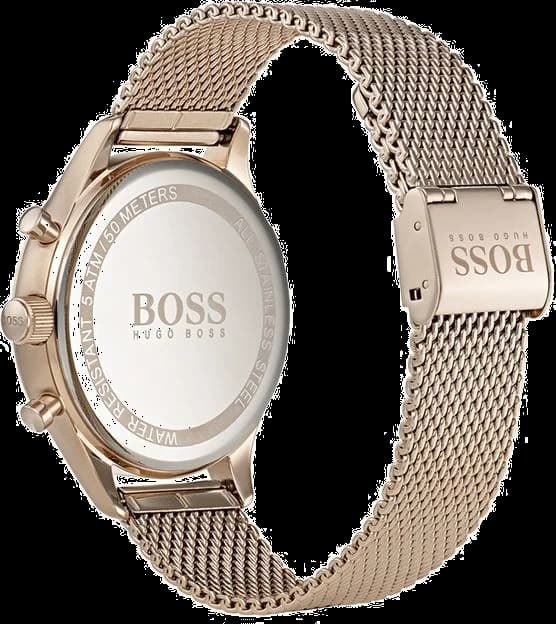 Cadran Hugo Boss 1513548 avec index bâtons dorés, aiguilles fines, date à 3h et guichet jour à 12h