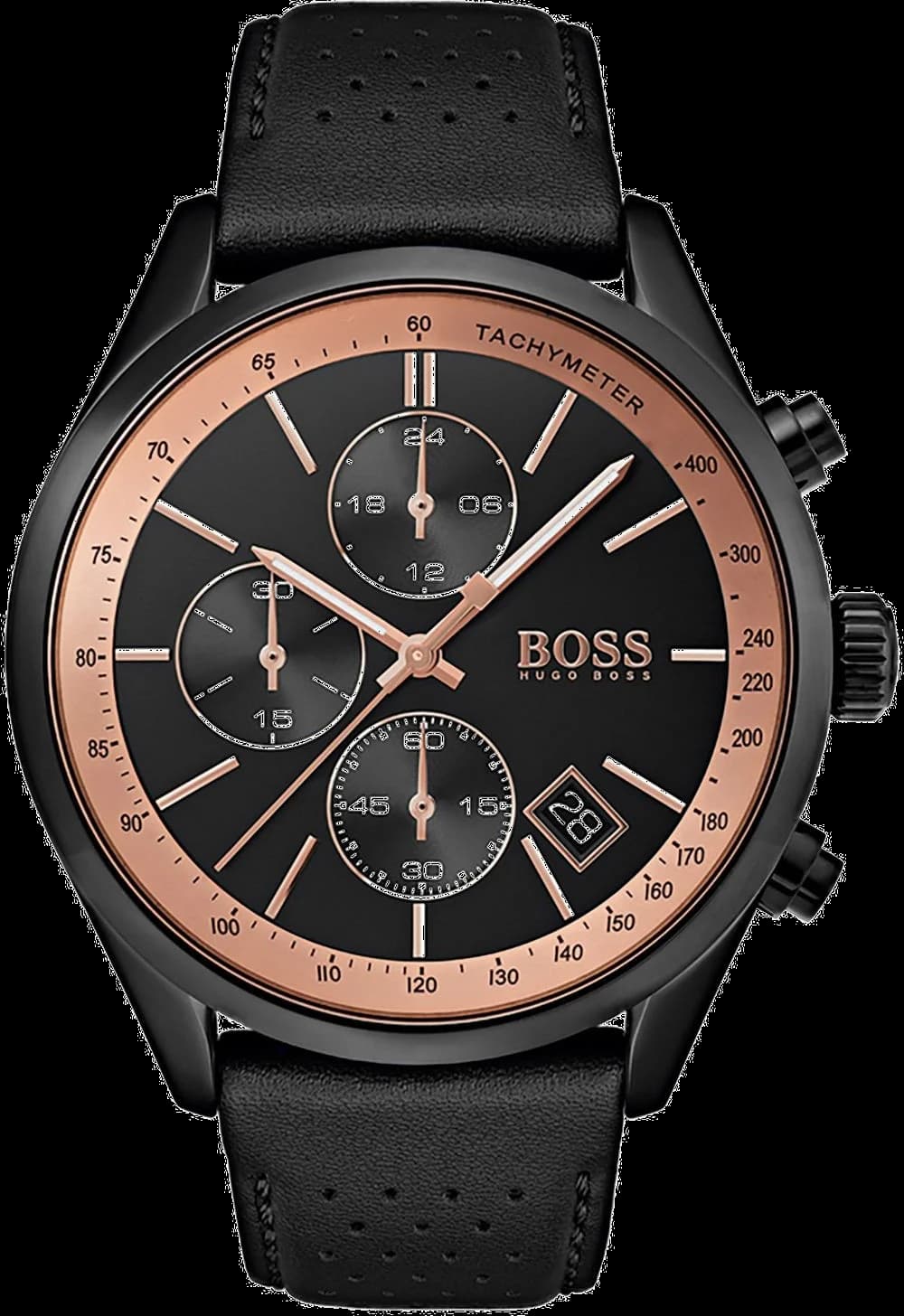Montre Hugo Boss 1513550 avec cadran noir squeletté et affichage chronographe sur fond guilloché