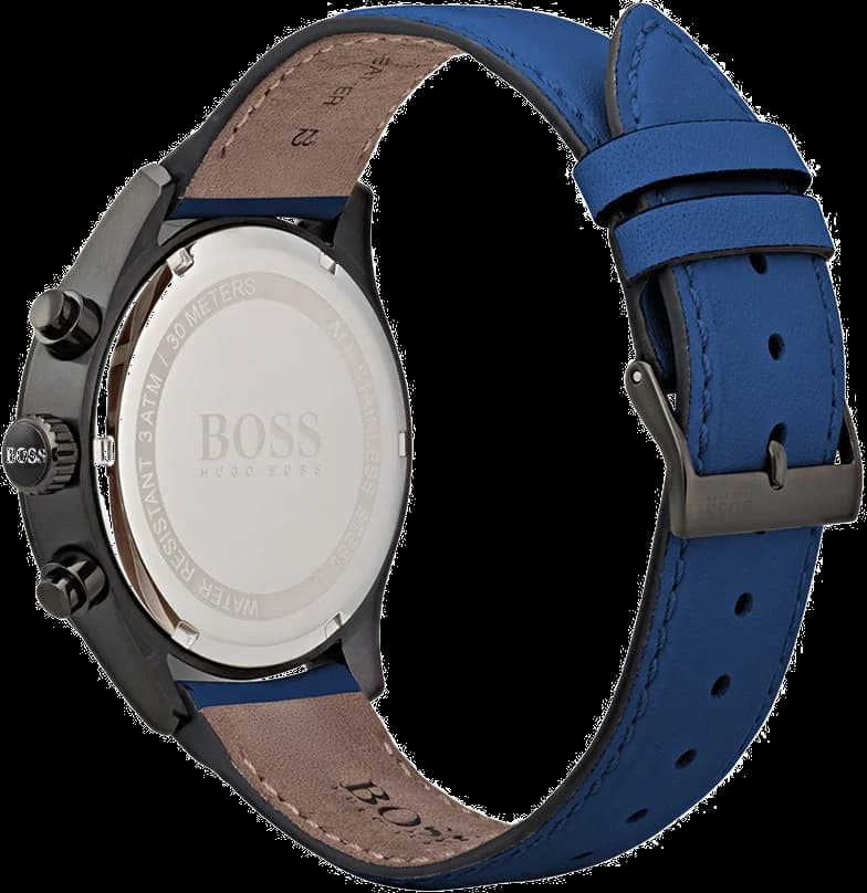 Cadran Hugo Boss 1513563 bleu avec index appliqués, aiguilles luminescentes et compteurs chrono