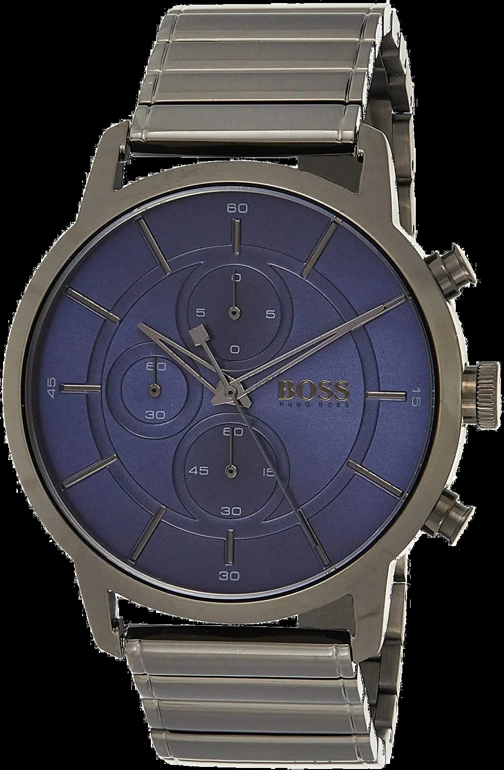 Montre Hugo Boss 1513574 au cadran bleu soleil et boîtier acier gris, style architectural moderne