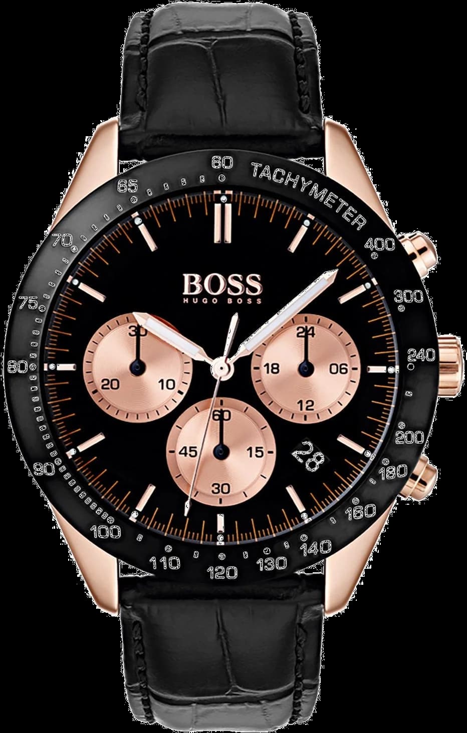 Montre Hugo Boss 1513580 au cadran noir soleillé, style élégant avec chronographe et date à 4h30