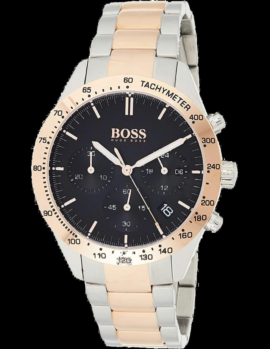 Montre Hugo Boss 1513584 avec cadran noir et compteurs chronographe, acier bicolore et verre saphir